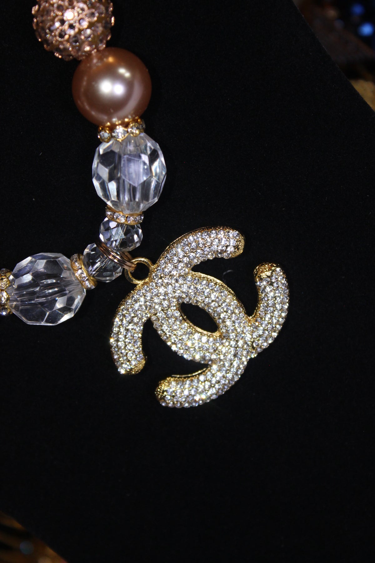 Champagne Pearl & Crystal with Gold Charm Necklace & Earrings Set