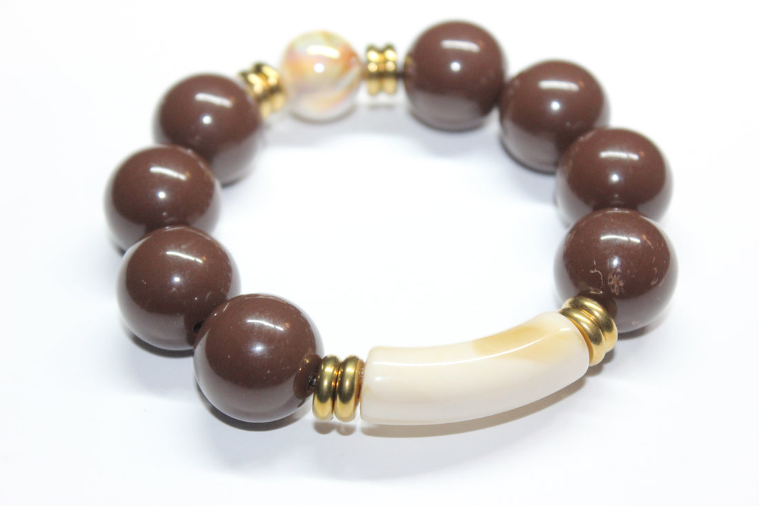 Shades Of Brown & Beige Large Beaded Bracelet (GOLD)