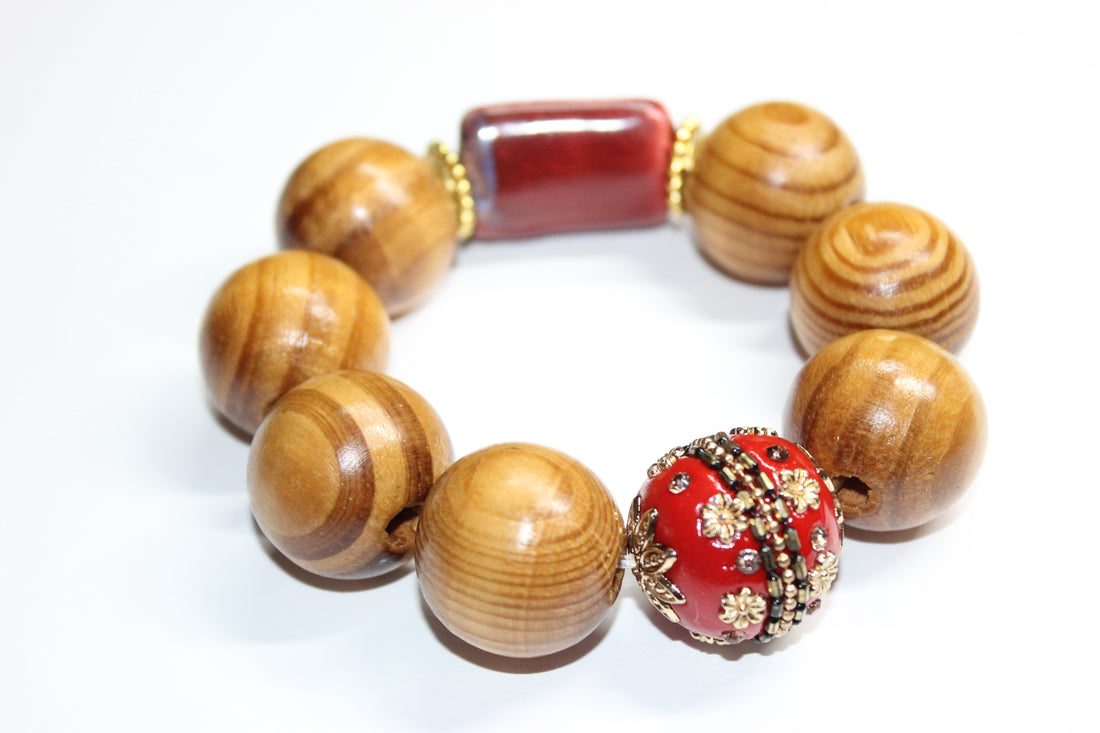 Shades Of Red & Gold Large Wooden Beaded Bracelet