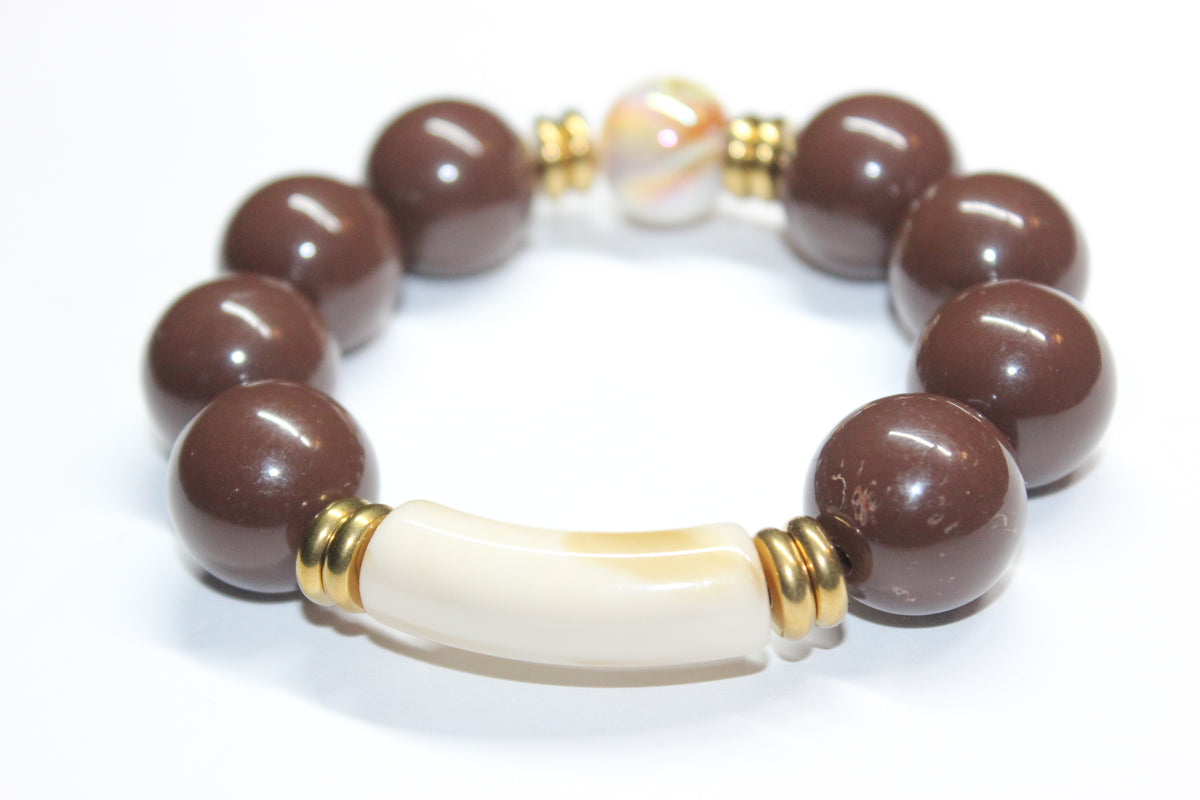 Shades Of Brown & Beige Large Beaded Bracelet (GOLD)