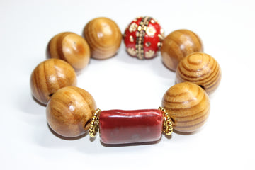 Shades Of Red & Gold Large Wooden Beaded Bracelet
