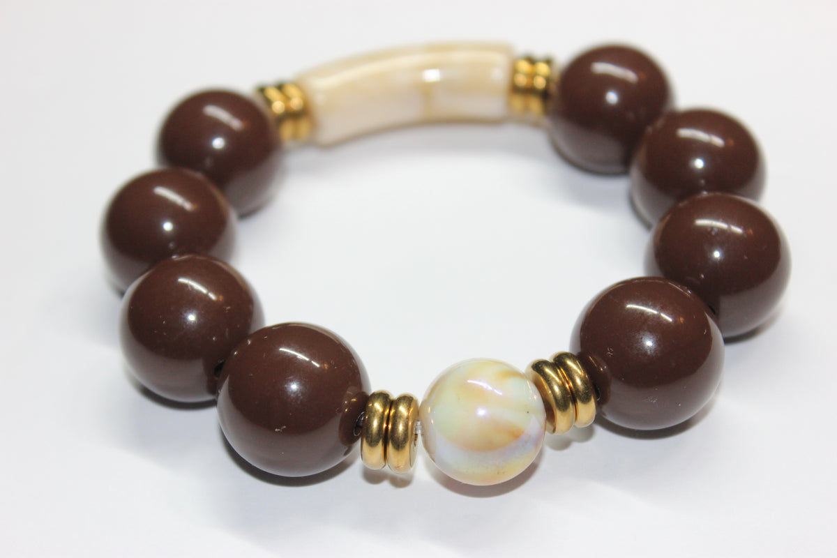 Shades Of Brown & Beige Large Beaded Bracelet (GOLD)