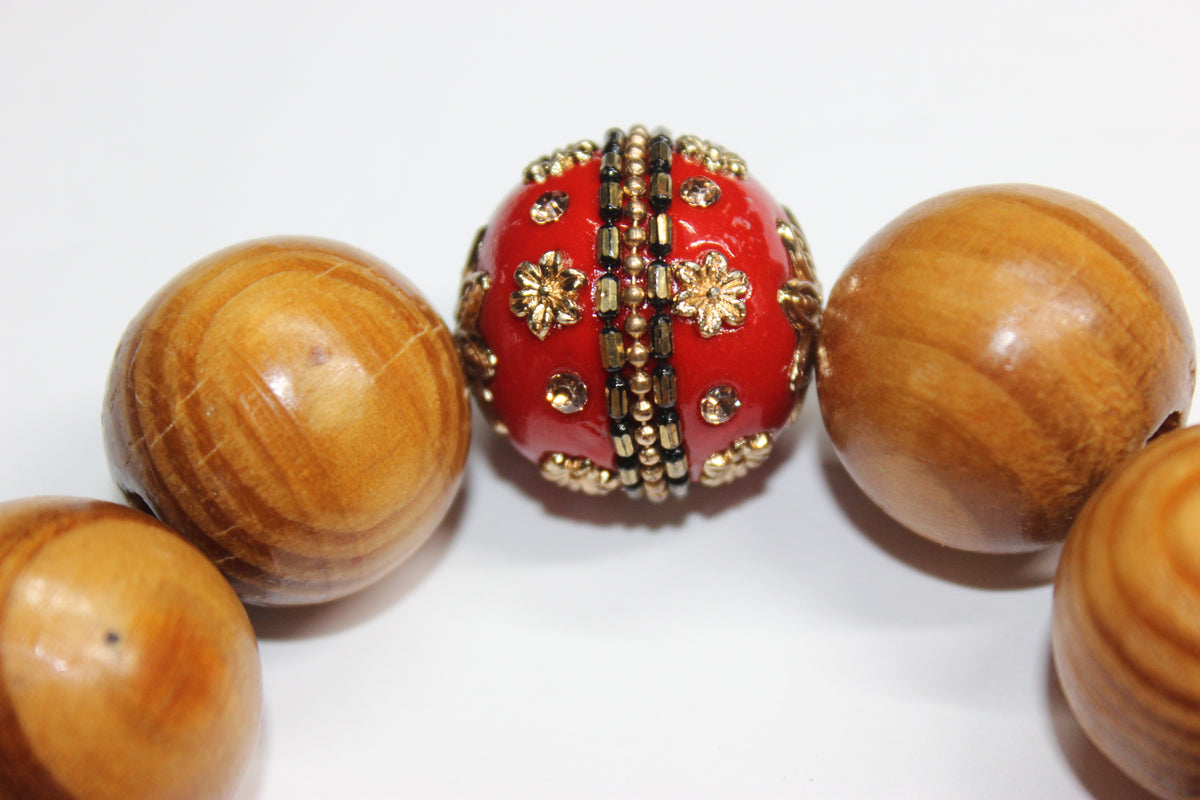 Shades Of Red & Gold Large Wooden Beaded Bracelet