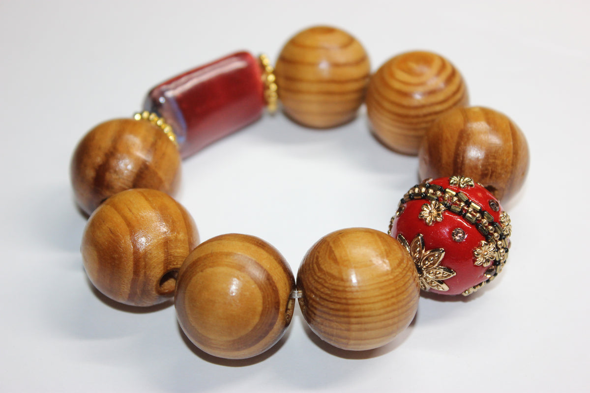 Shades Of Red & Gold Large Wooden Beaded Bracelet