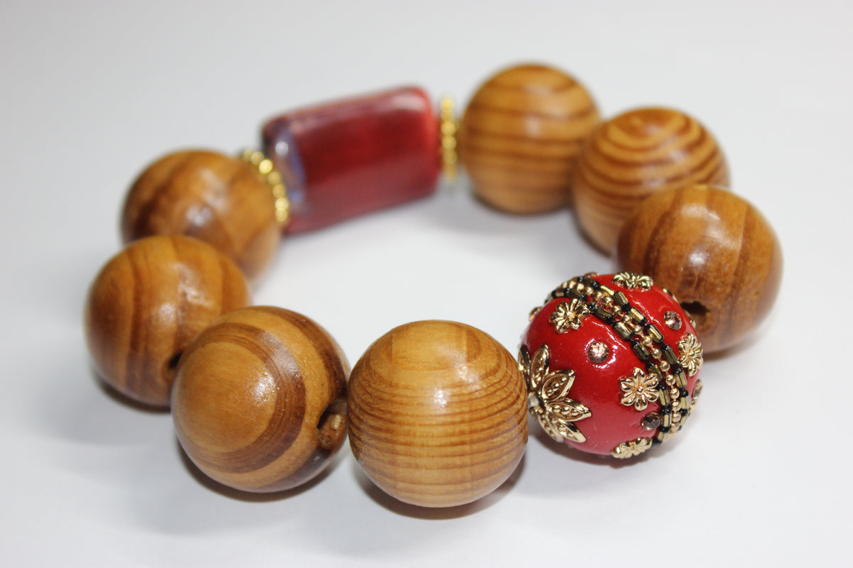 Shades Of Red & Gold Large Wooden Beaded Bracelet