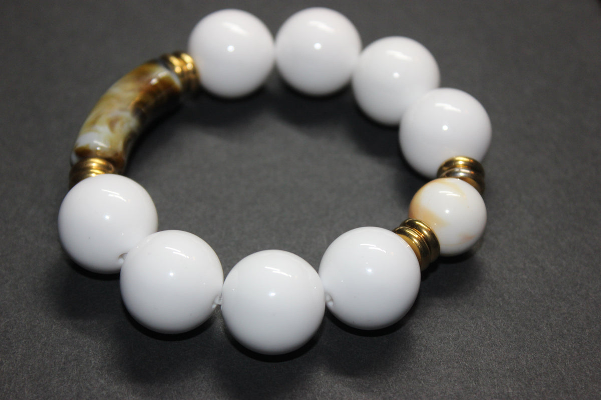 Shades Of Brown & White Large Beaded Bracelet (GOLD)
