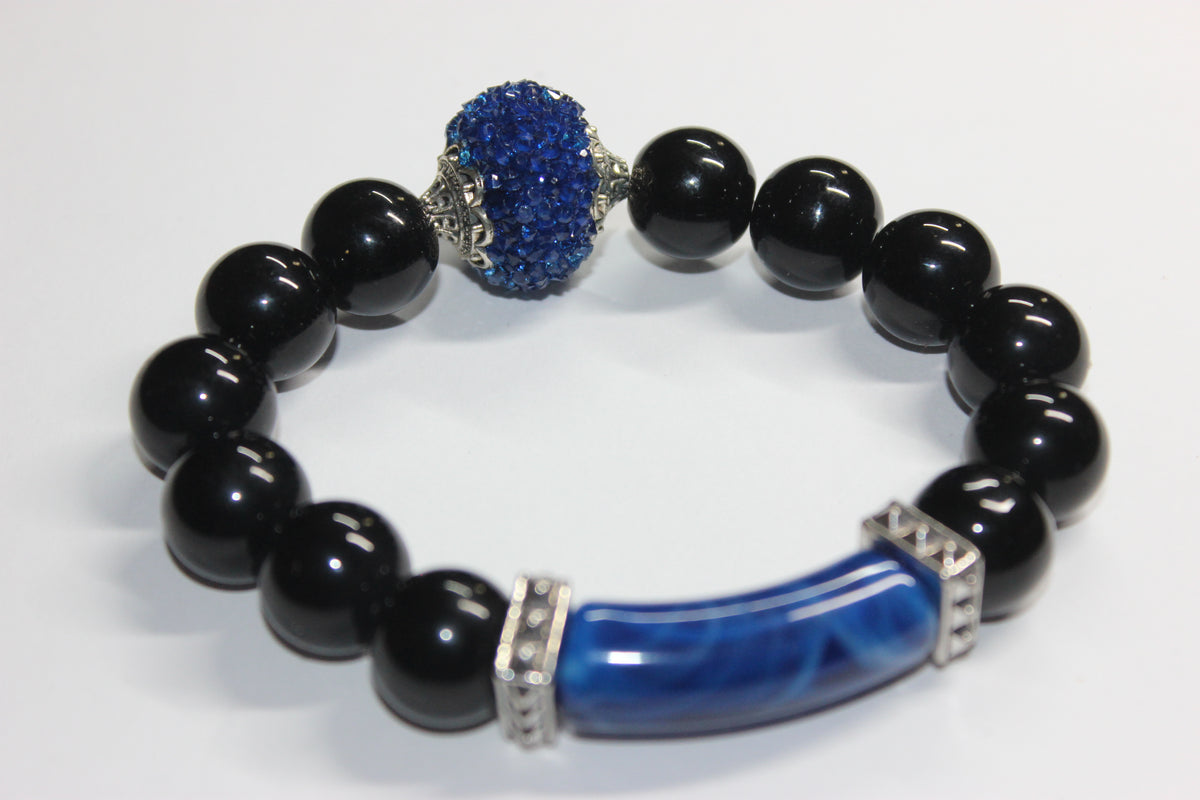Shades Of Blue & Black Beaded Bracelet (Silver)