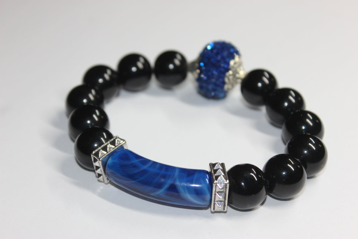 Shades Of Blue & Black Beaded Bracelet (Silver)