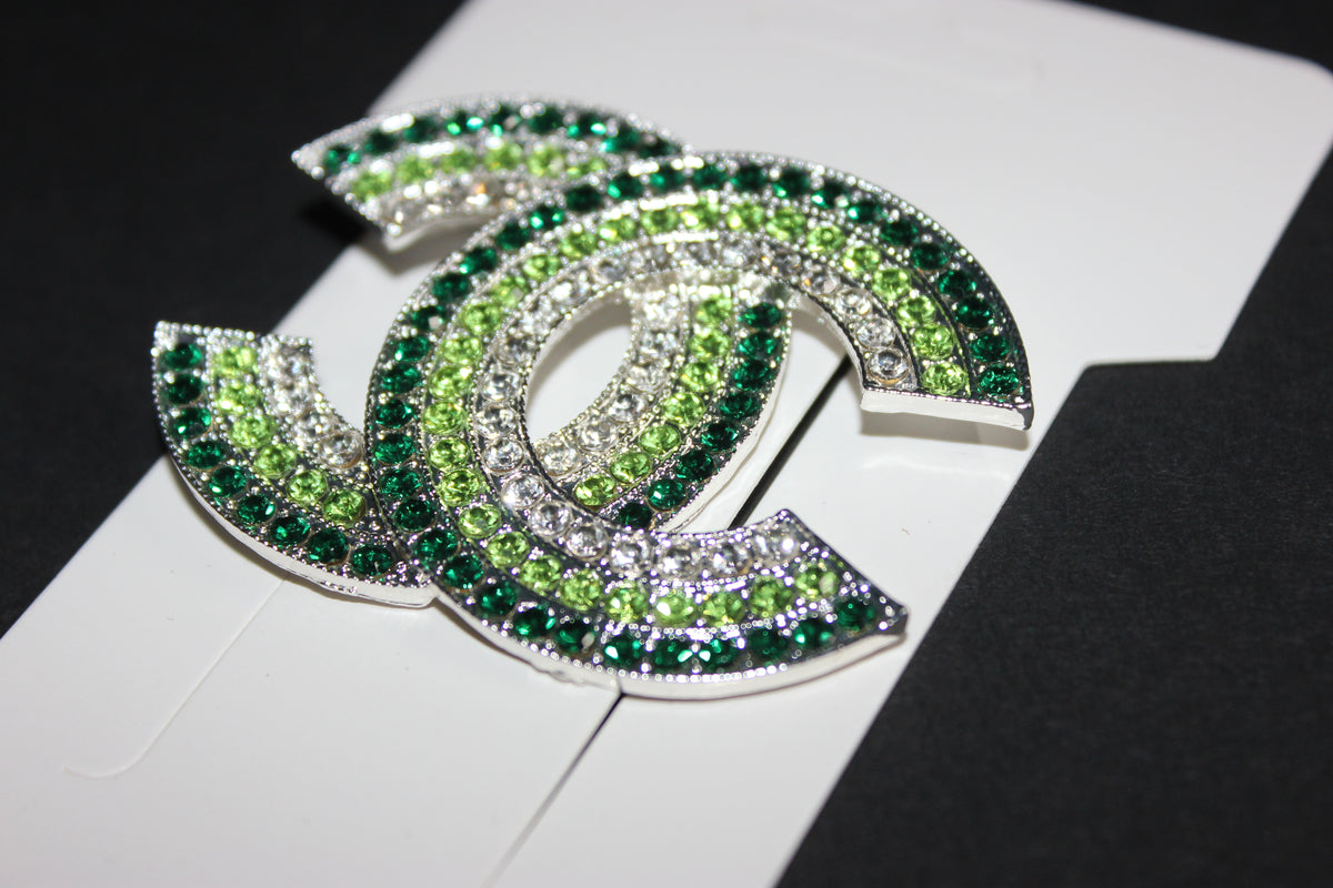 Shades Of Green & Silver Large Rhinestone Brooch Pin