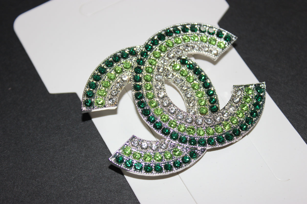 Shades Of Green & Silver Large Rhinestone Brooch Pin