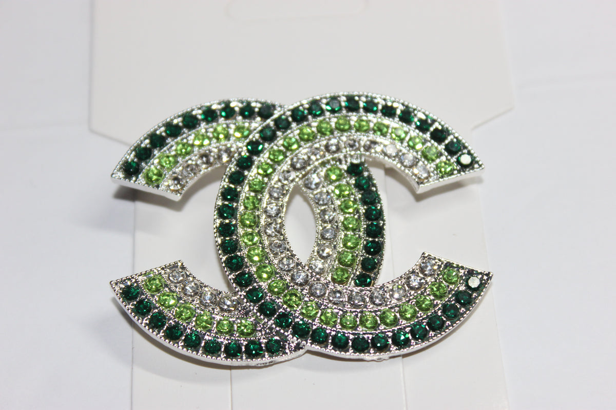 Shades Of Green & Silver Large Rhinestone Brooch Pin