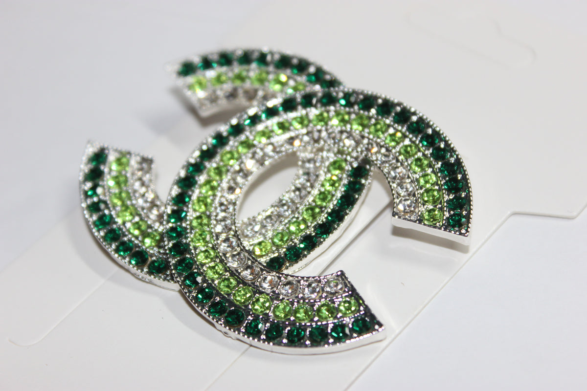 Shades Of Green & Silver Large Rhinestone Brooch Pin
