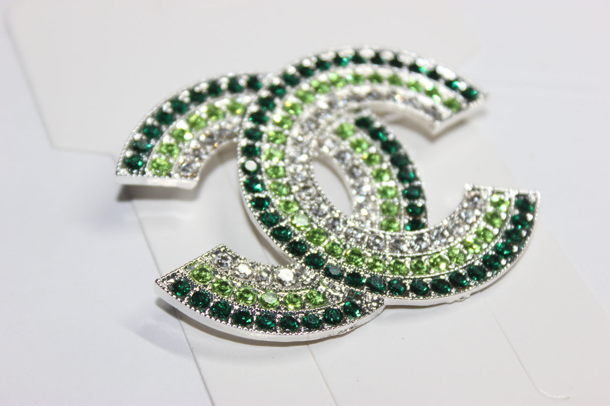 Shades Of Green & Silver Large Rhinestone Brooch Pin