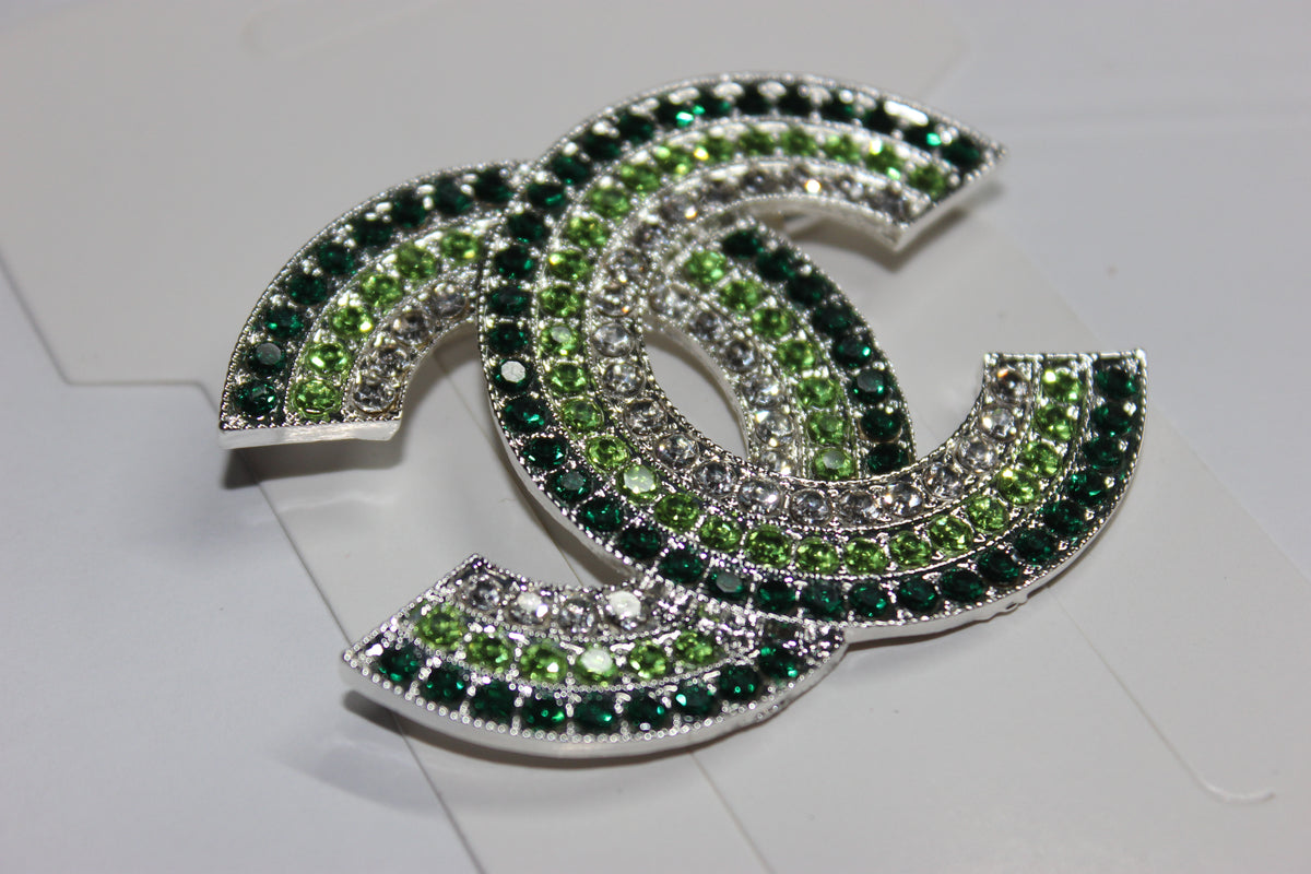 Shades Of Green & Silver Large Rhinestone Brooch Pin