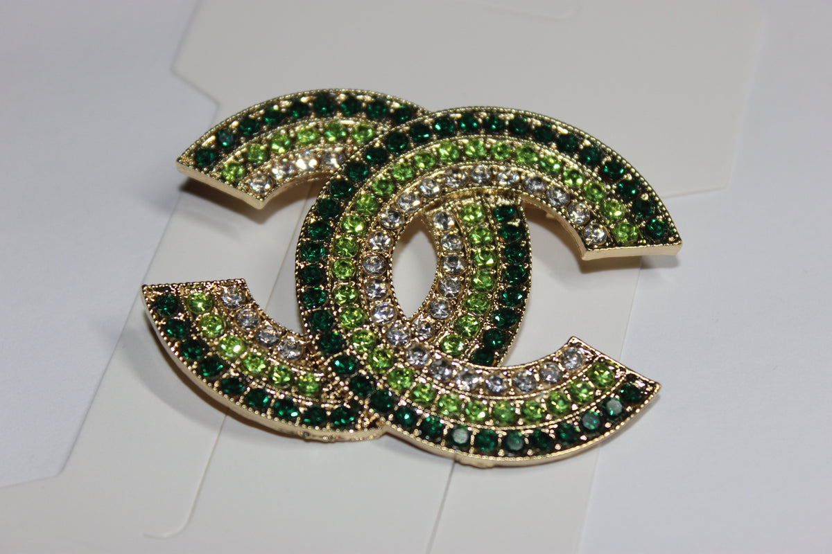 Large Shades Of Green & Gold Rhinestone Brooch Pin