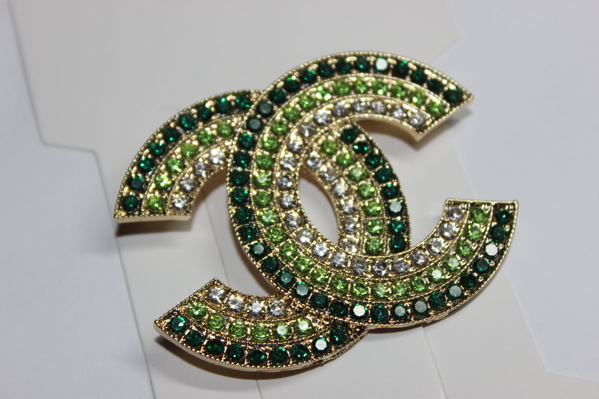 Large Shades Of Green & Gold Rhinestone Brooch Pin