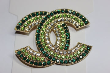 Large Shades Of Green & Gold Rhinestone Brooch Pin