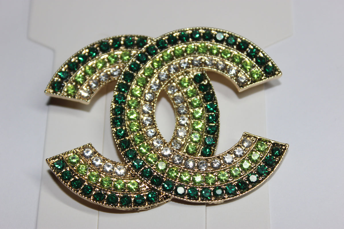 Large Shades Of Green & Gold Rhinestone Brooch Pin