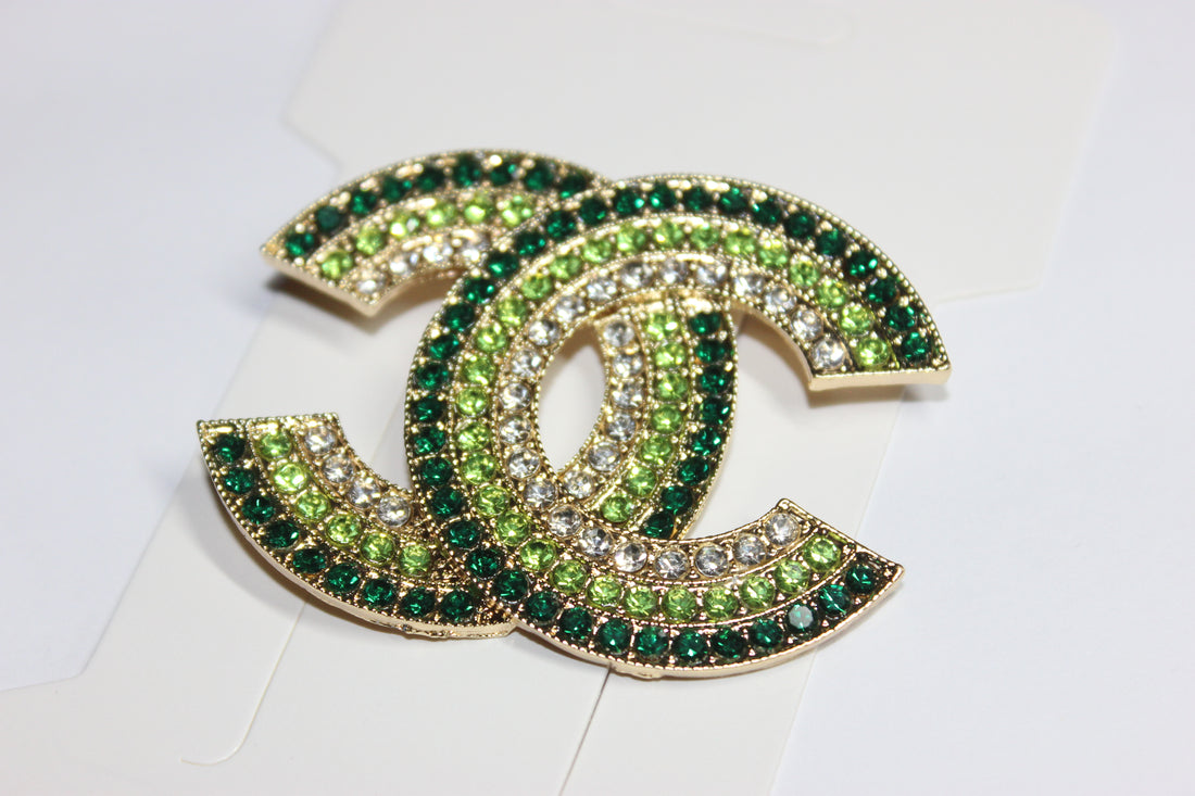 Large Shades Of Green & Gold Rhinestone Brooch Pin