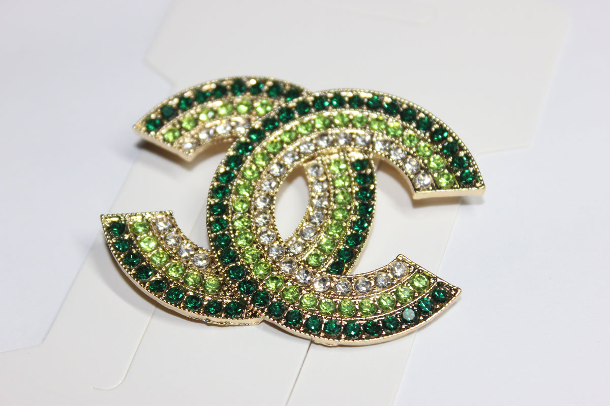 Large Shades Of Green & Gold Rhinestone Brooch Pin
