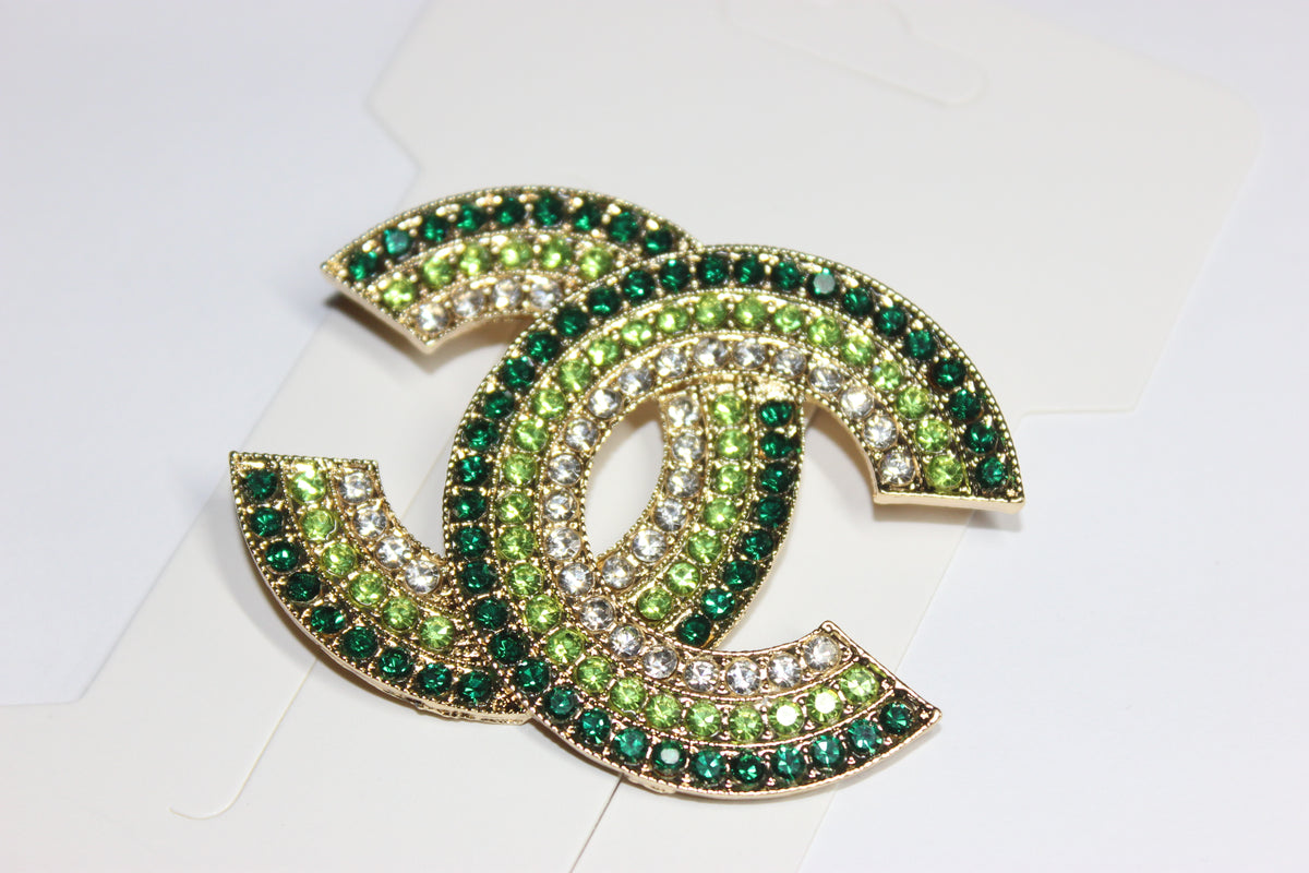 Large Shades Of Green & Gold Rhinestone Brooch Pin