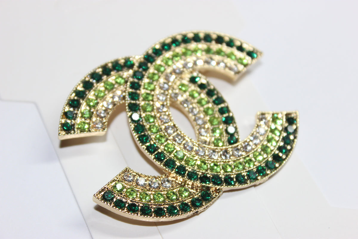 Large Shades Of Green & Gold Rhinestone Brooch Pin