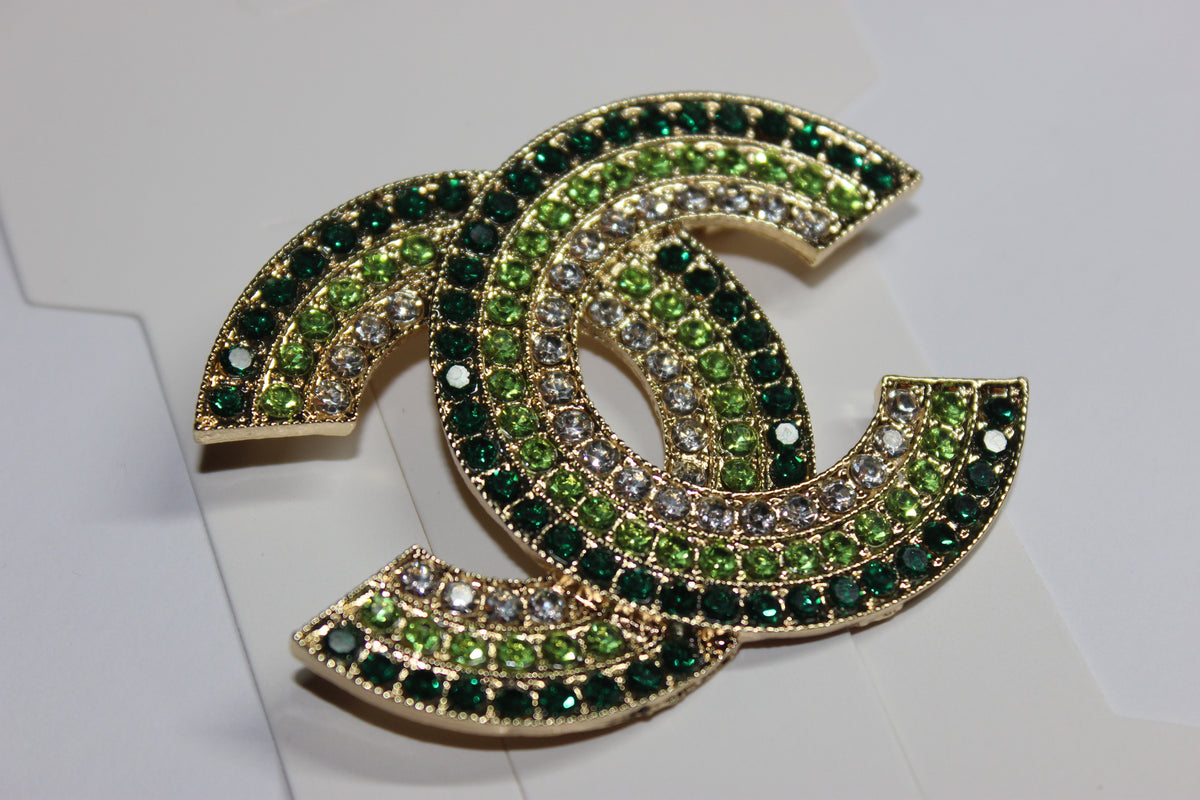 Large Shades Of Green & Gold Rhinestone Brooch Pin