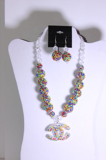 Colorful Charm Necklace & Earrings Set (Silver)