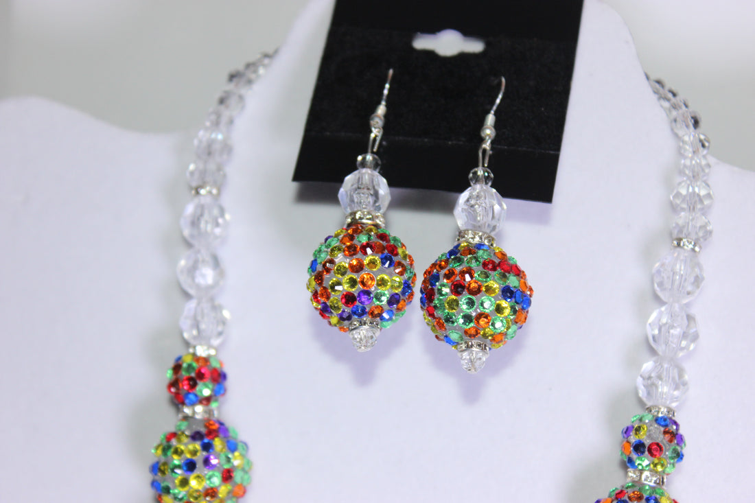 Colorful Charm Necklace & Earrings Set (Silver)
