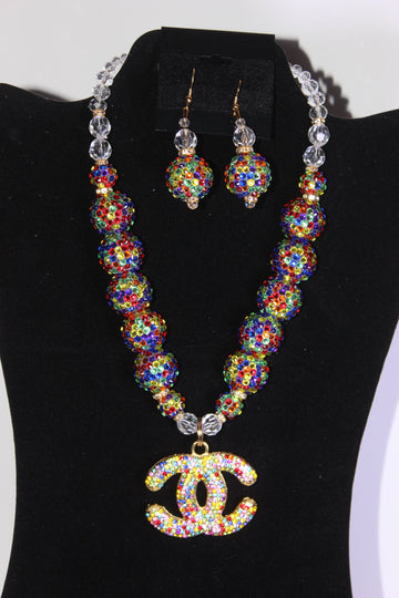 Colorful Charm Necklace & Earrings Set (Gold)