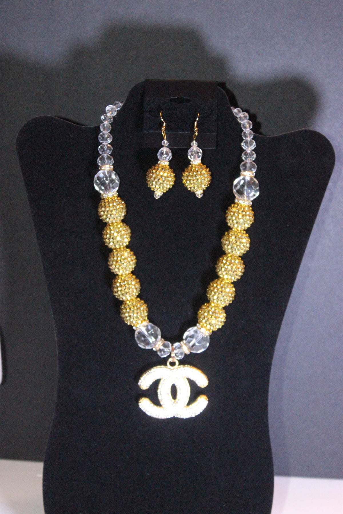 Gold & Clear Rhinestone Charm Necklace Set