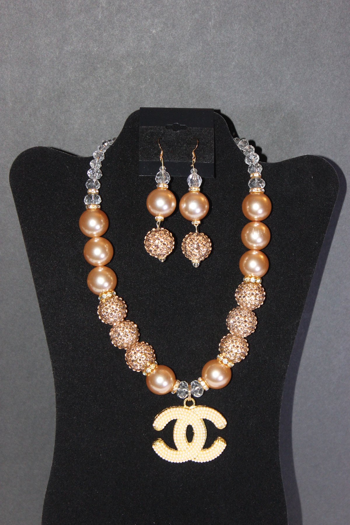 Champagne Pearl & Rhinestone Charm Necklace Set