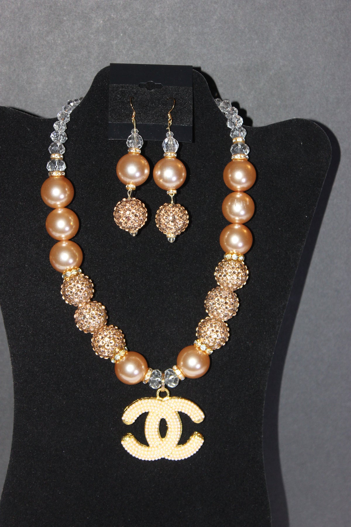 Champagne Pearl & Rhinestone Charm Necklace Set