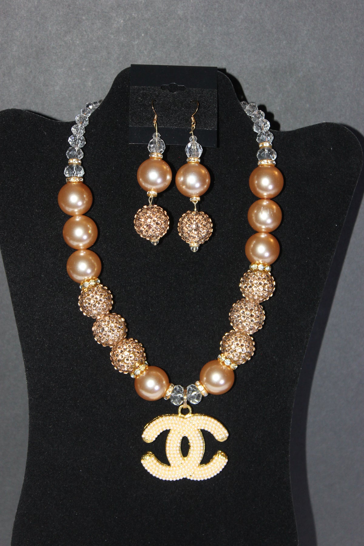 Champagne Pearl & Rhinestone Charm Necklace Set