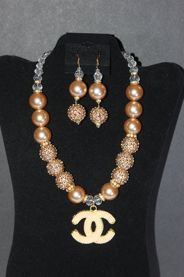 Champagne Pearl & Rhinestone Charm Necklace Set