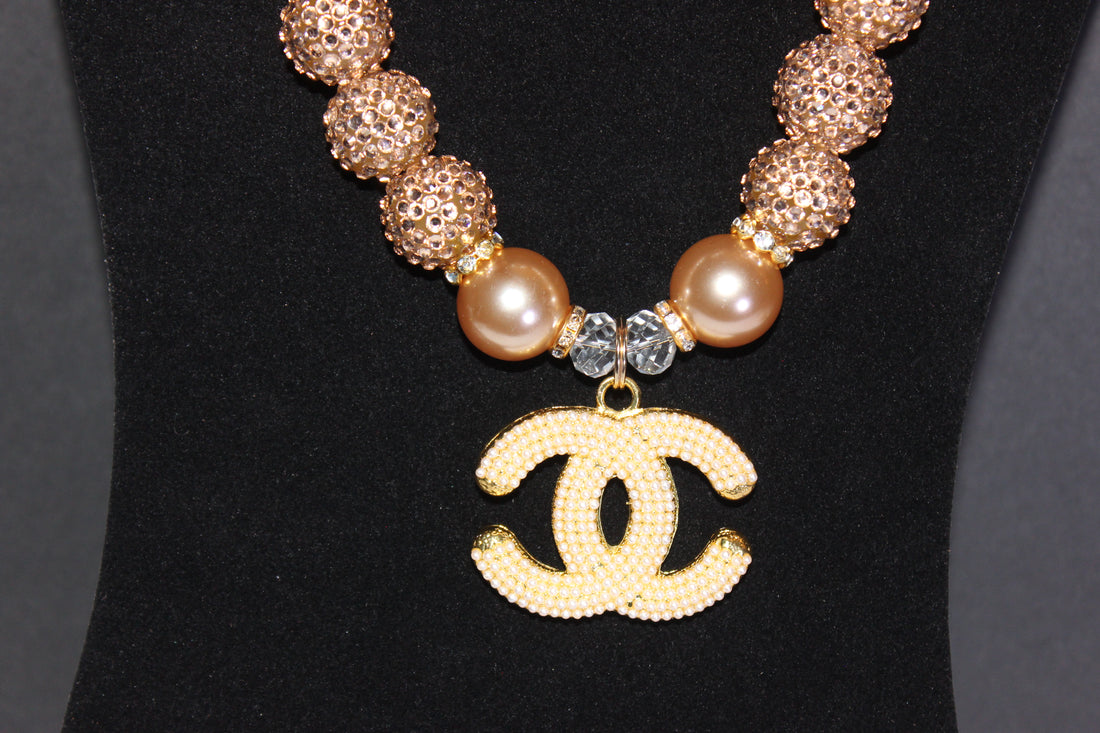 Champagne Pearl & Rhinestone Charm Necklace Set