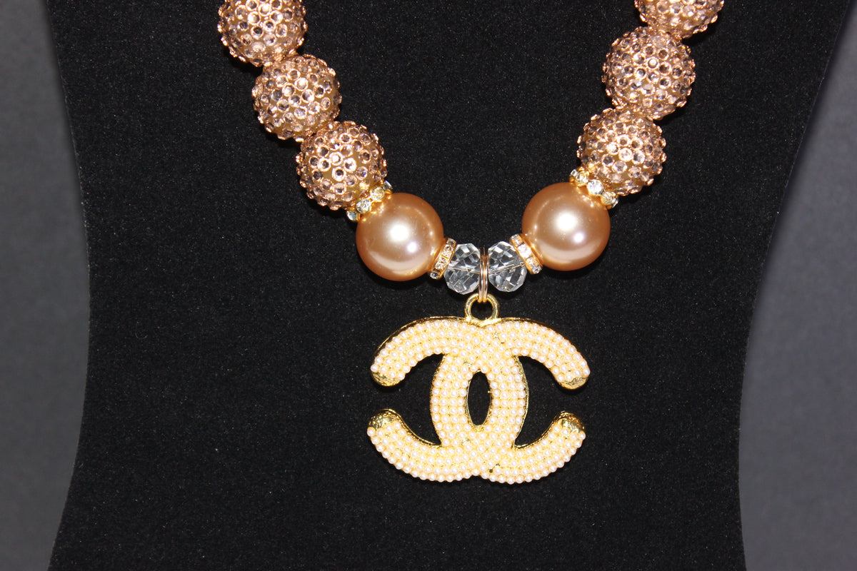 Champagne Pearl & Rhinestone Charm Necklace Set