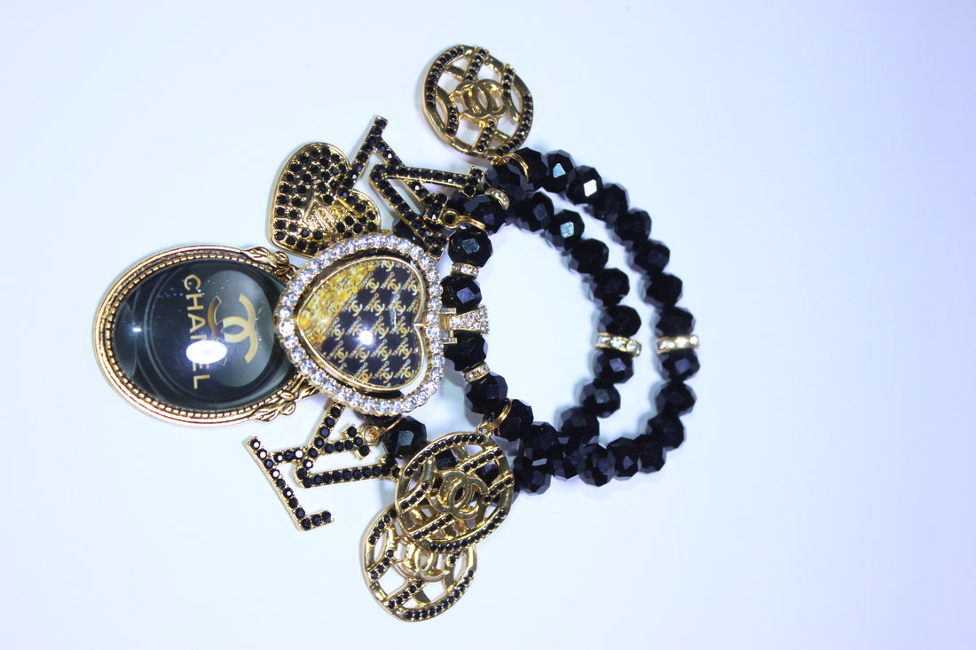 ✨ 2-Piece Black & Gold Crystal Luxury Charm Bracelet Set