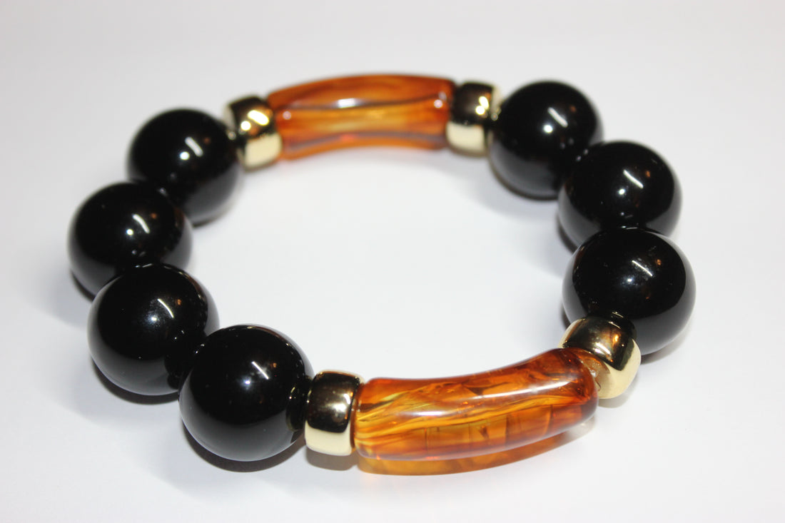 Large Black & Topaz Beaded Bracelet (GOLD)