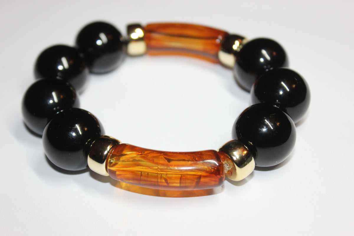Large Black & Topaz Beaded Bracelet (GOLD)
