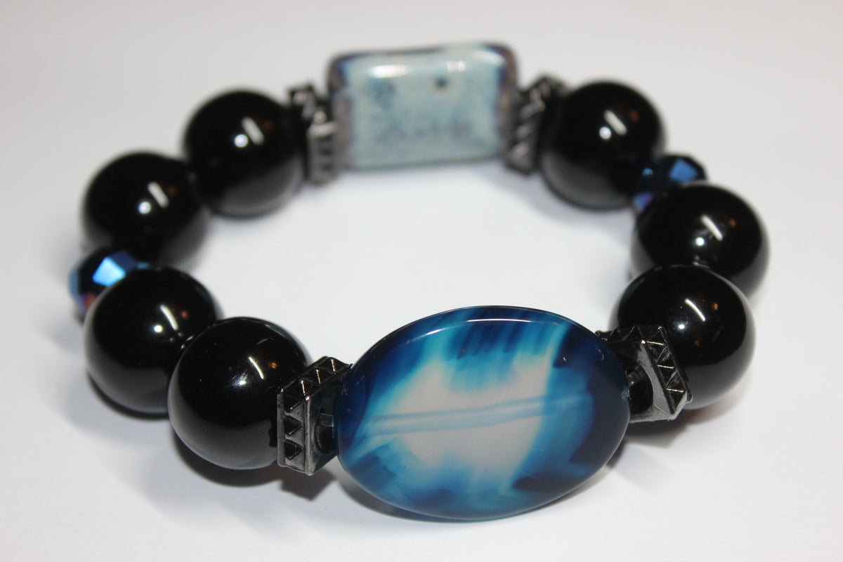 Shades Of Blue & Black Large Beaded Bracelet