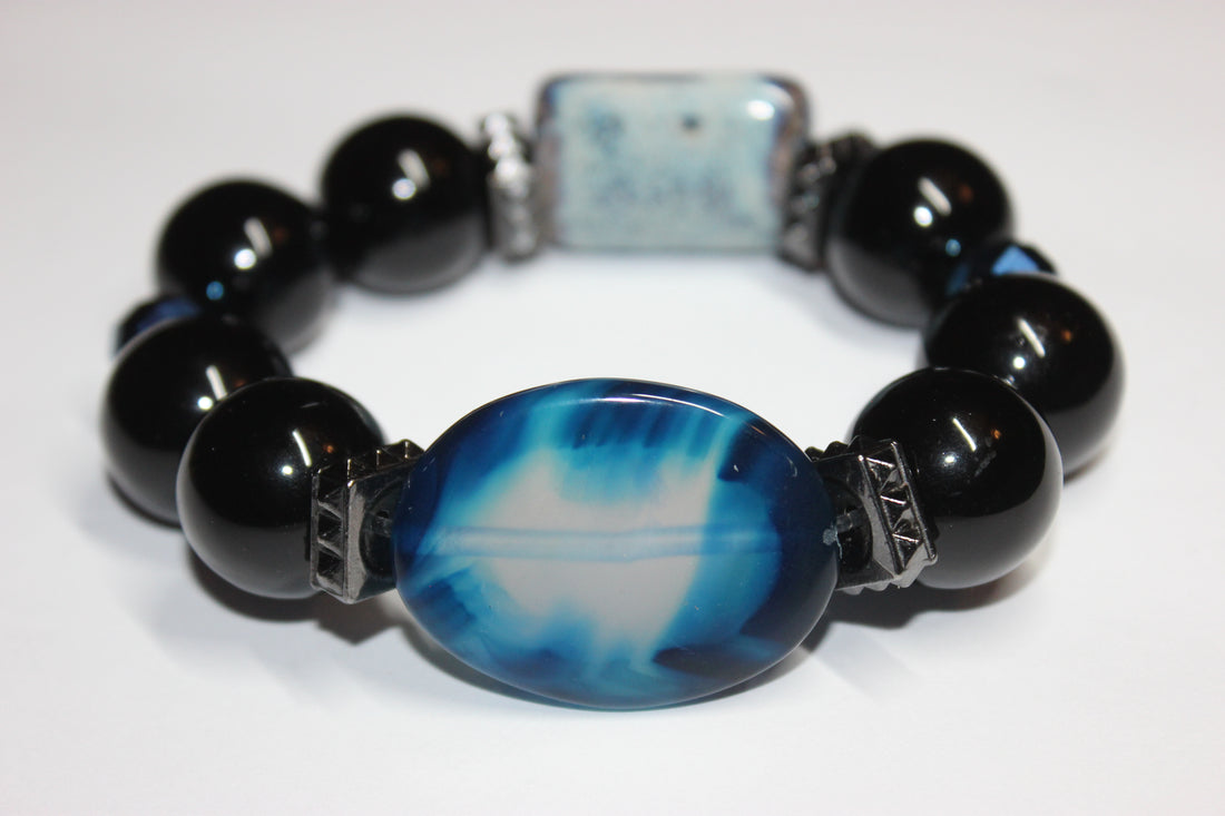 Shades Of Blue & Black Large Beaded Bracelet