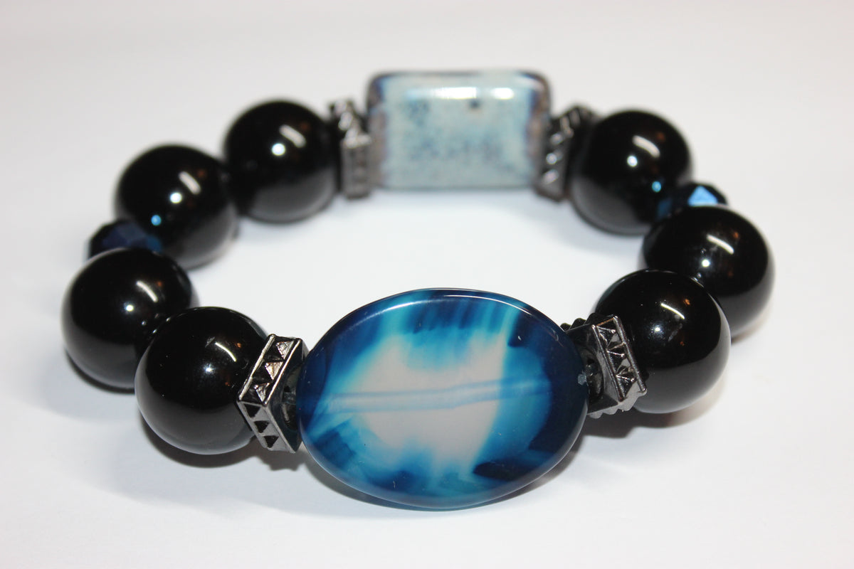 Shades Of Blue & Black Large Beaded Bracelet