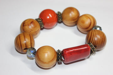 Large Wooden & Shades Of Orange Beaded Bracelet