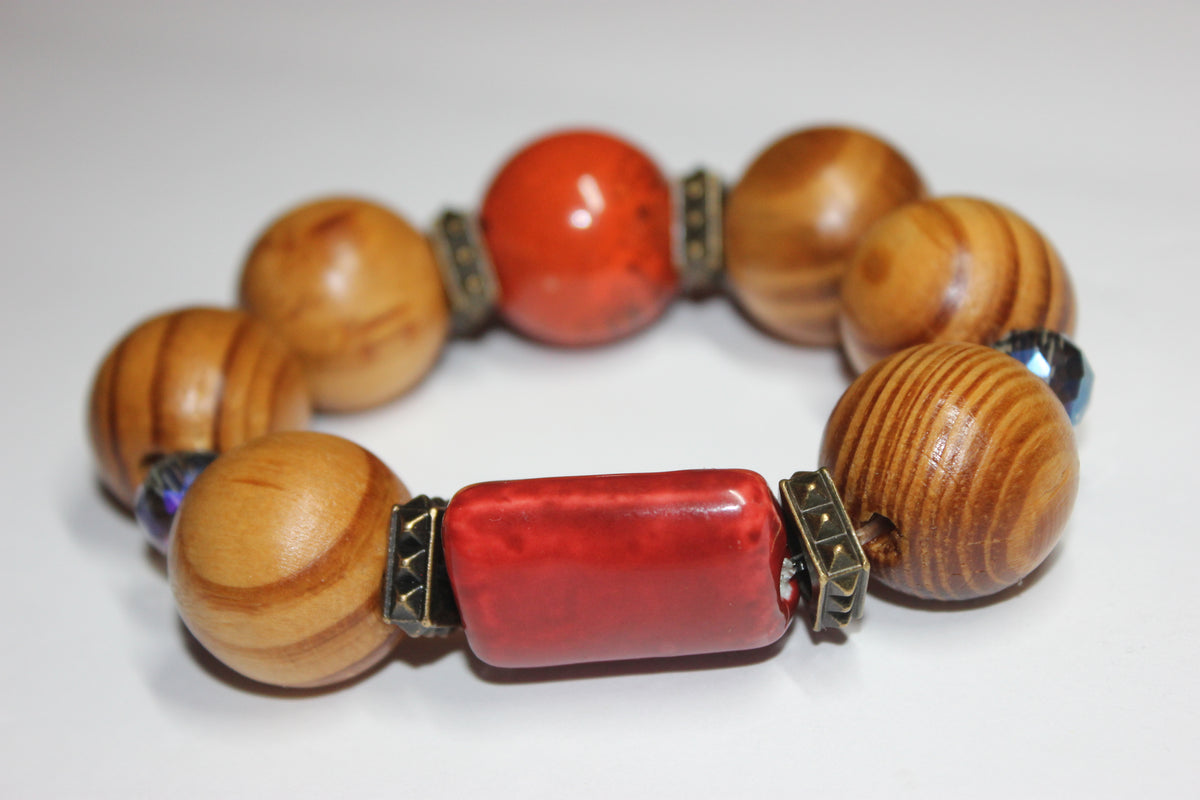 Large Wooden & Shades Of Orange Beaded Bracelet