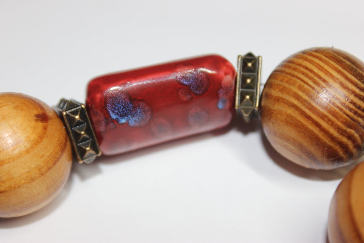Large Wooden & Shades Of Orange Beaded Bracelet