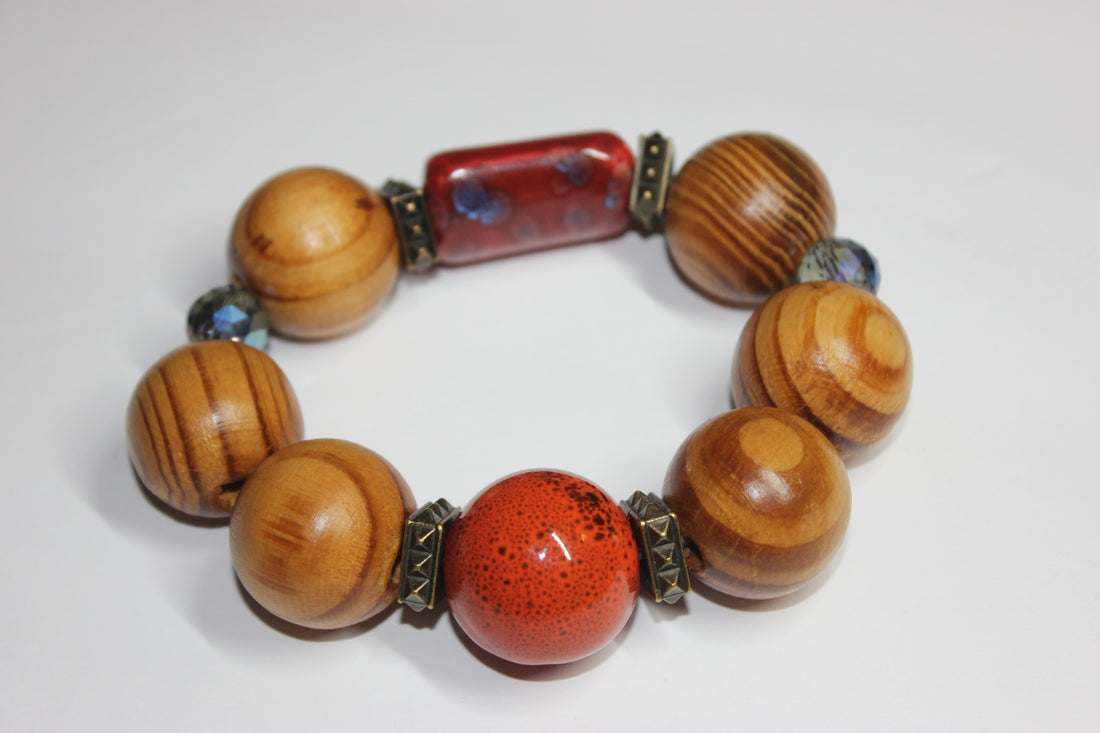 Large Wooden & Shades Of Orange Beaded Bracelet