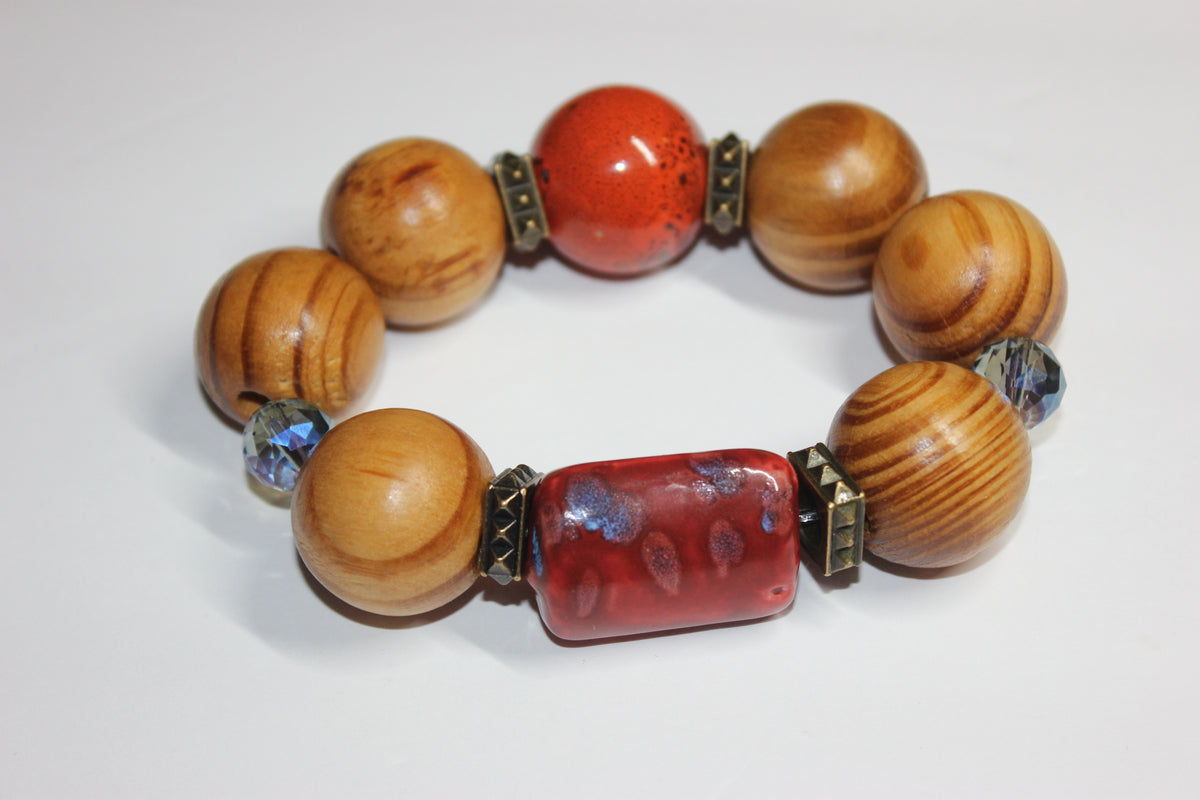 Large Wooden & Shades Of Orange Beaded Bracelet