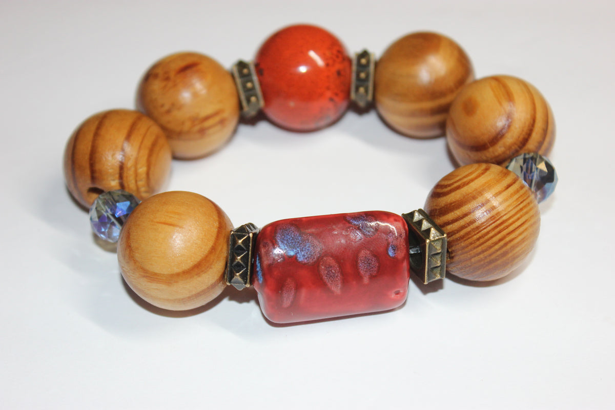 Large Wooden & Shades Of Orange Beaded Bracelet