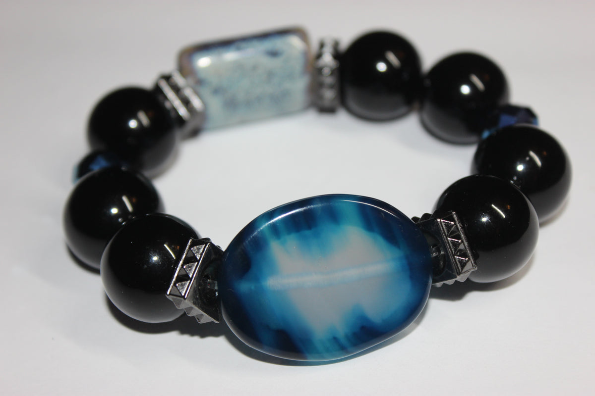 Shades Of Blue & Black Large Beaded Bracelet